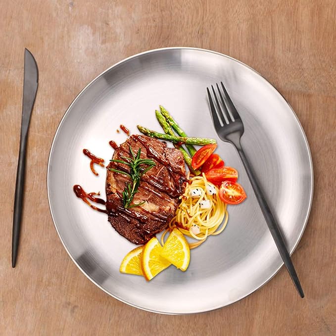 Stainless Steel Plates 2 Set Metal Dinner Dishes 9 Inch Unbreakable Dinner Plates Great for Snack,Nut,cake Picnic, Outdoor Camping Plate - Shatterproof Dishwasher Safe