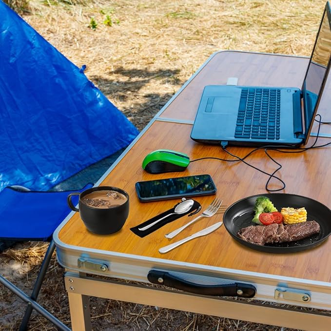 Camping Utensils, ReaNea Camping Plates and Bowls Set with Coffee Mug, Travel Cutlery Include Spoon, Fork, Knife for Home, Poolside, Outdoor, Picnic, Camp