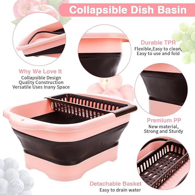 Collapsible Dish Basin with Drain Plug and Portable Sink, 11L(2.91 Gallon) Collapsible Bucket with Sink. Foldable Wash Basin for Station Campin/Camping/Rv/Kitchen (Pink)