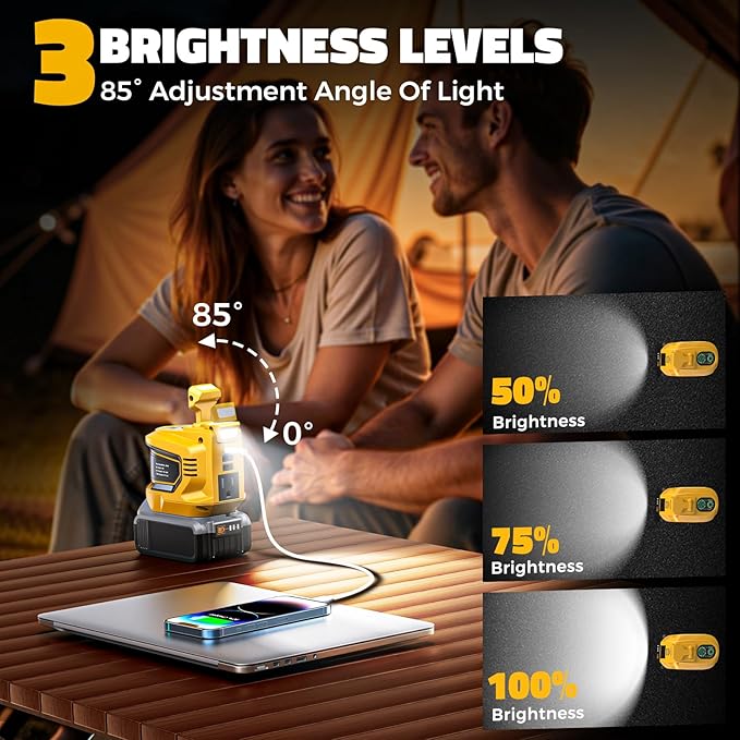 LIVOWALNY 200W-250W Power Inverter Compatible with DeWALT 20V Battery (Battery Not Included), DC 20V to AC 110V-120V Portable Inverter, 1 AC Outlet, 2 USB Ports & 1 Type-C Port, LED Work Light(2-Pack)