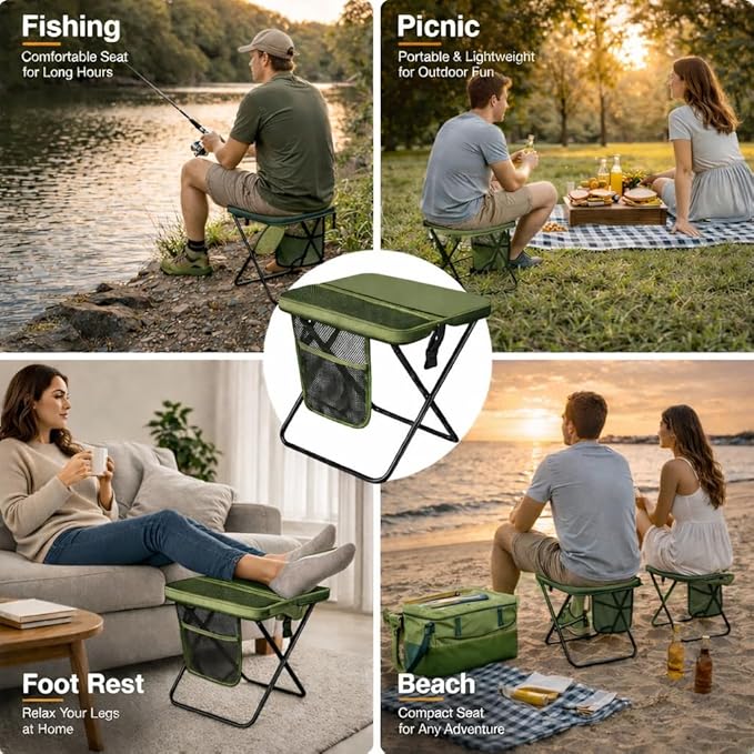 Foldable Stool with Carrying Bag,Compact Folding Chair with Shoulder Strap, Lightweight Outdoor Seat for Fishing, Camping, Hiking, Garden, Beach, Sports Games, Festivals (Green)