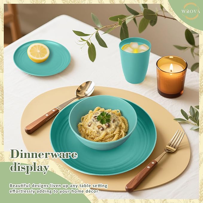Wrova Wheat Straw Dinnerware Set of 32,Unbreakable Dinner Plates and Bowls Dishes Sets Service for 8,Dishwasher Safe Dinnerware Sets for Kitchen and Camping.Green
