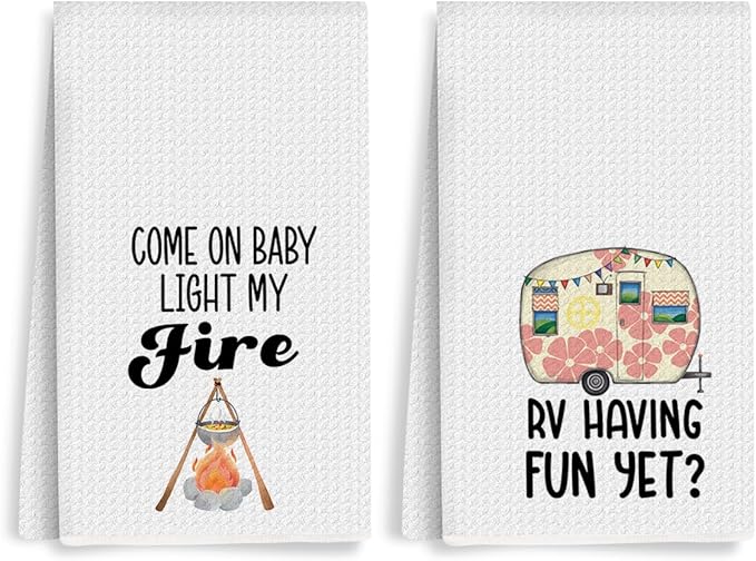 2Pcs Camper Kitchen Towel, Camping Gift, Camp Kitchen, RV Decor, Vintage Trailer Camper Decor, Motor Home Decoration Towels, Retirement Gift, Waffle Weave Hand Towels for Kitchen Camp