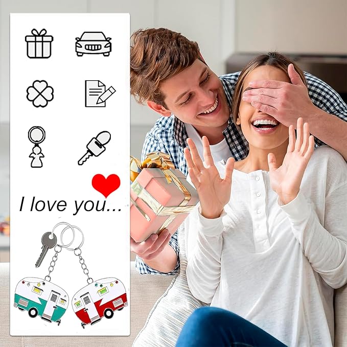 2 Pack Camper Keychain Set Happy RV Camper Keyring Couples Camping Accessories for Men Women Travel Trailers