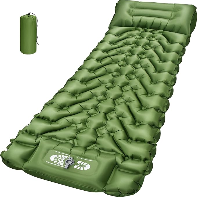 Camping Sleeping Pad, Backpacking Sleeping Pad with Built-in Pillow and Foot Pump, 4in Thick Compact Inflatable Camping Air Mattress for Hiking Tent Road Trip Car Camp Travel Gear