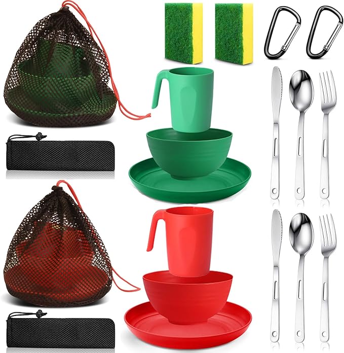 Scout Camping Mess Kit for Person Boy Scout Dishes Set Girl Scout Mess Kit with Mesh Bag Reusable Light Weight Eating Utensils Plastic Camping Cutlery Set for Travel Camp