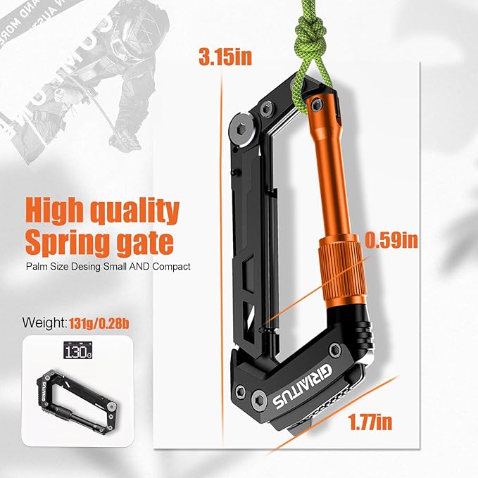 Carabiner Multitool with Pocket Knives, EDC Carabiners, Serrated Knife, Rope Cutter, Screwdriver, Can Bottle Opener, Ruler, Folding Knife for Camping Hiking, Multitool Survival Gear (Orange)