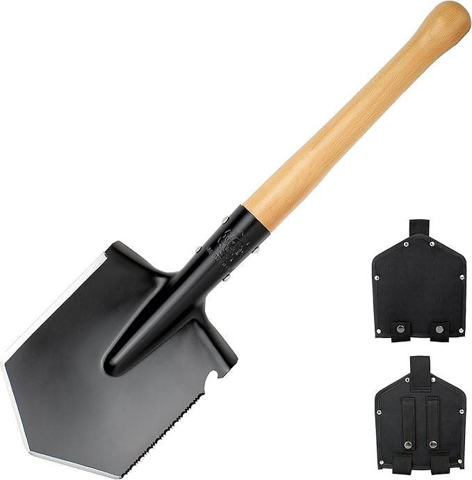 MASTIFF GEARS Battle Wolf Military-Grade Survival Shovel - Heavy Duty Carbon Steel w/Hardwood Handle | All-Weather for Camping, Hiking, Off-Road, Emergency | Digs Dirt/Sand/Snow/Mud (Wolf Tooth)