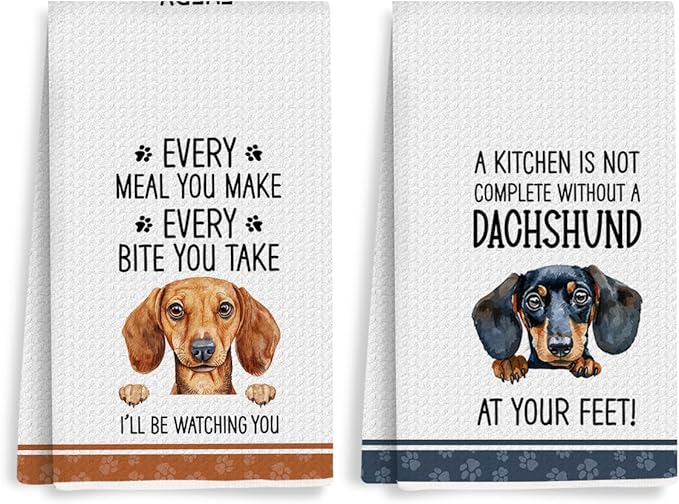 2Pcs Funny Dachshund Kitchen Dish Towels Set, Dachshund Gifts Waffle Weave Kitchen Towels, Wiener Dog Decorative Hand Tea Towels for Bathroom Kitchens, Wiener Dog Gifts for Women