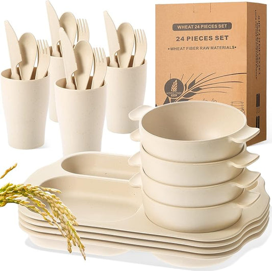 24 Pcs Wheat Straw Dinnerware Cutlery Set for Aldult Including Divided Plates Microwave Dishwasher Safe Bowl Unbreakable Tableware Straw Cutlery Spoon Knife Fork(Beige)