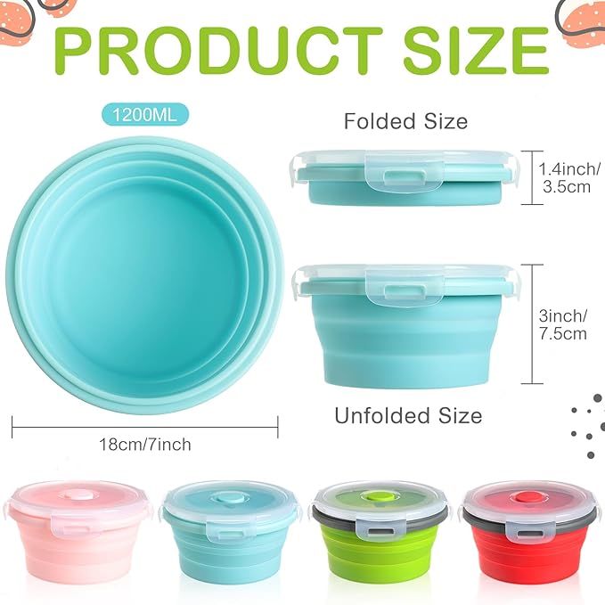 Suclain 4 Pcs Collapsible Bowls with Lids Silicone Camping Food Storage Container Expandable Folding Salad Lunch Box Travel Container for Hiking Camping