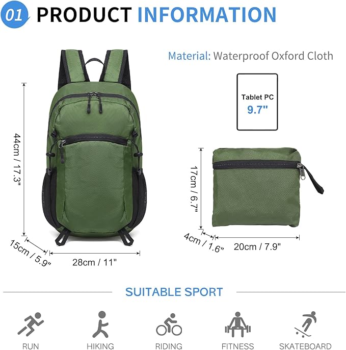 Hiking Daypack Packable, Camping Backpack Water Resistant Lightweight Polyester for Men Women Travel Outdoor