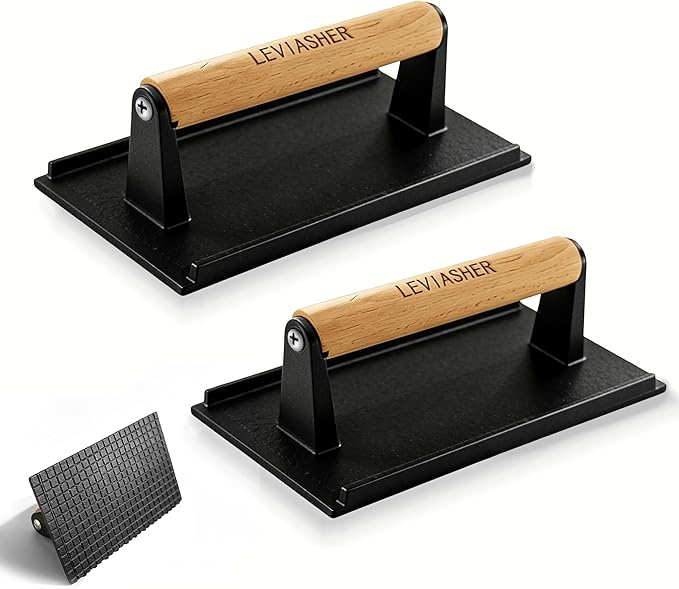 2Pack 2.1lb Steak Weight & Burger Press, Grid Base, 7"X4" Rectangle Heavy Duty Cast Iron Grill Press with Wood Handle for Blackstone, Chef, Camp, Panini, Vegetable, Bacon, Sandwich, BBQ