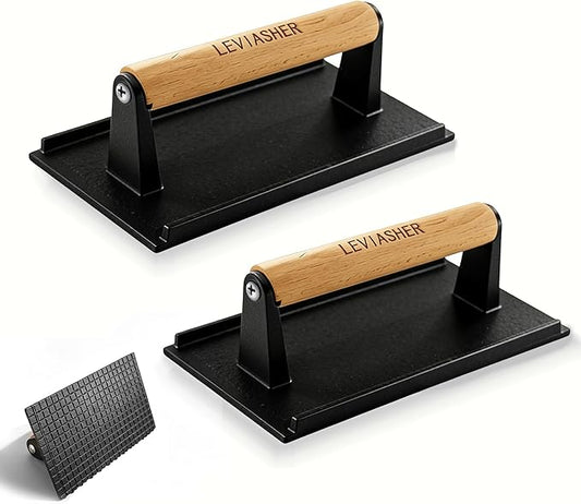 2Pack 2.1lb Steak Weight & Burger Press, Grid Base, 7"X4" Rectangle Heavy Duty Cast Iron Grill Press with Wood Handle for Blackstone, Chef, Camp, Panini, Vegetable, Bacon, Sandwich, BBQ