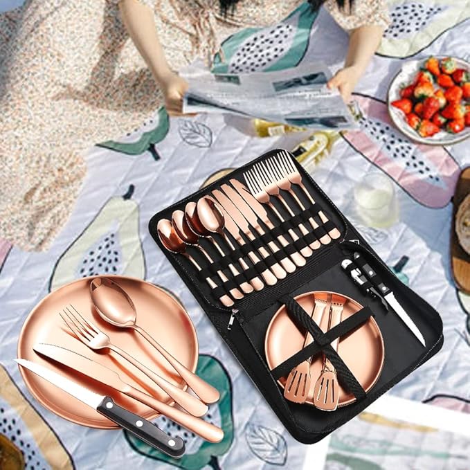 Picnic Tableware Set Camping Dinnerware Copper/Rose Gold Silverware and Plates Kit for 4 Portable Utensils Stainless Steel Dishes Spoons Forks Knives Bottle Opener Food Tongs