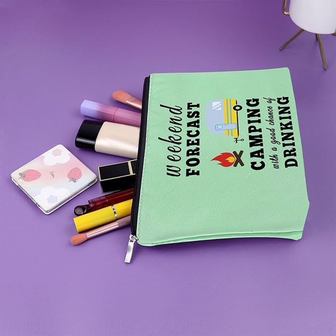 Sazuwu Funny Camping Gifts for Women Green Makeup Bag Happy Camper Birthday Gifts Camping Themed Gifts for Adults Cosmetic Bag Camper Accessories for Travel Trailers Christmas Graduation Gift
