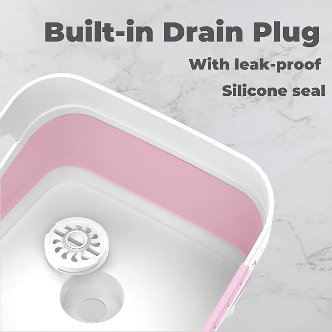 GIMWA 2.6 Gal(10L) Collapsible Wash Basin for Baby Bottles,Pink Space-Saving Collapsible Dish Basin with Drain Plug for bottle washing, Collapsible Bucket for RV Kitchen Essentials