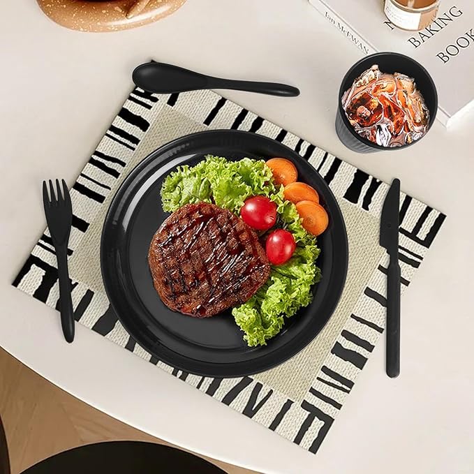 36 Pcs Wheat Straw Dinnerware Set,Dinnerware Sets for 6,Large Round Plates, Bowls and Cups, Unbreakable dish set, Dishwasher and Microwave Safe, Outdoor Camping Dishes (Black)