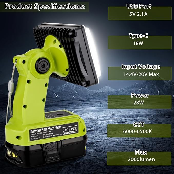 Choerinton 2000LM LED Work Light for Ryobi 18V Battery, 18W Cordless Rechargeable Jobsite Light with Adjustable Rotating Head, USB Powered Portable Floodlight for Outdoor Camping, Car Repair, Garage