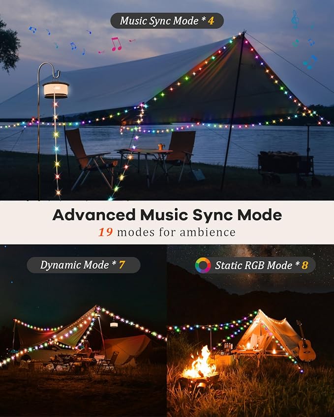 HOMEBEST Upgraded 33FT RGB Camping String Lights, Retractable Camping Lights with Music Sync, 19 Modes, Rechargeable Waterproof Tent Lights, Portable Camping Lantern for Tent, RV, Awning