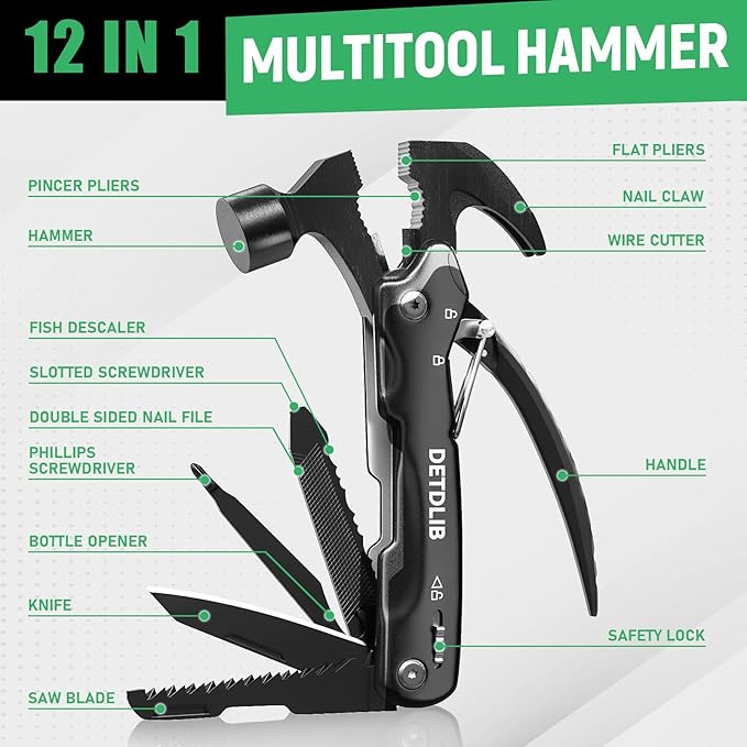 DETDLIB12-in-1 Multitool Hammer, Birthday Gifts for Men, Essential for Camping, Hiking, Cool Gadget, Gifts for Men. Women, Dad, Him, Husband, Father, Mechanic, Boyfriend, Black
