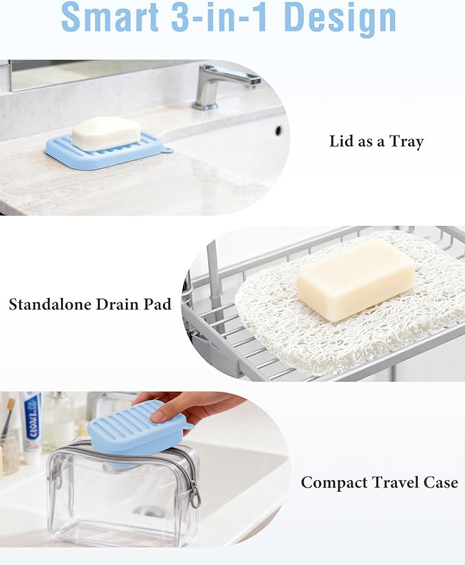 Silicone Travel Soap Case, Leak-Proof Bar Soap Container with Drain Tray, Portable Travel Soap Dish with Lid for Hiking, Gym, Camping, PortableToiletries Accessories (Blue)