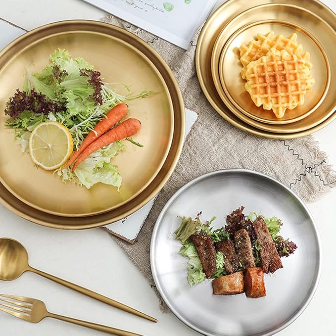Stainless Steel Gold Plates 2 Set Round Dinner Dishes 9 Inch Metal Plates Great for Picnic,Outdoor Camping Plate,Shatterproof Dishwasher Safe
