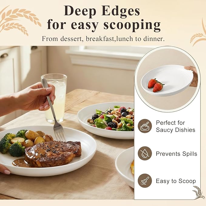 Wheat Straw Plates 10 Inch, Reusable Plastic Plates Set for 8, Unbreakable Dinner Plates for Salad, Noodle, Microwavable Plates for Kitchen, Outdoor, Camping, RV - White