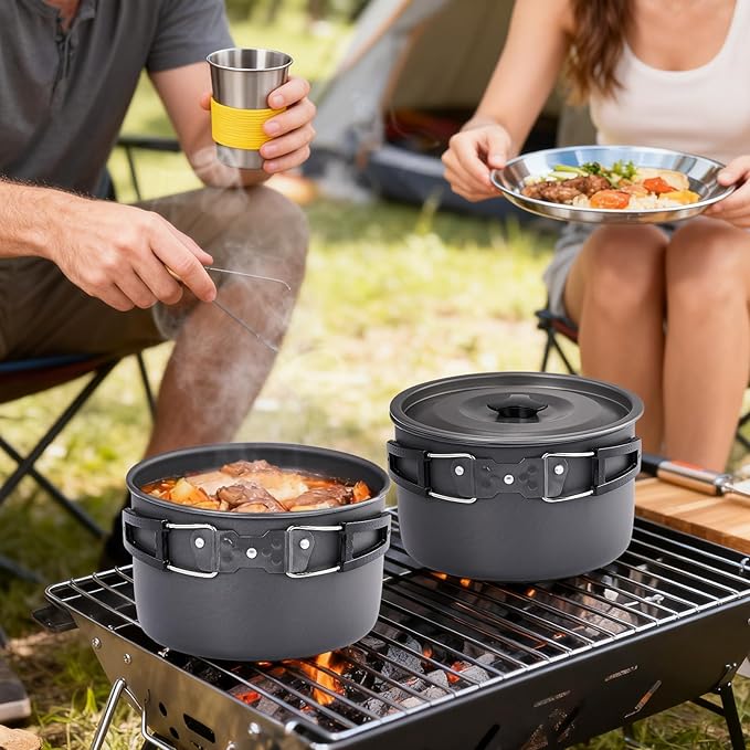 ROVSUN 34/10/6 pcs Camping Cookware Mess Kit, Lightweight Non-Stick Camping Cooking Pot and Pan Set with Stainless Steel Camping Gear Kettle Cup for Open Fire, Backpacking, Outdoor Cooking