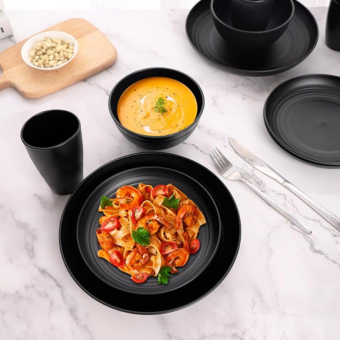 Black Plates and Bowls Sets for 8,32 Pcs Wheat Straw Dinnerware Sets Black Plastic Reusable Dishwasher Safe for Kitchen Camping,Lightweight Unbreakable Plastic Dishes Set Outdoor or Every Day Use
