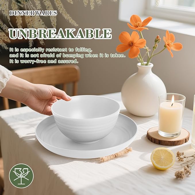 Wrova Wheat Straw Dinnerware Sets with Flatwares,20-piece Dishwasher Safe Kitchen Plates and Bowls Set,Unbreakable Modern Dish Set Apartment Essentials and Dorm Essentials.(White)