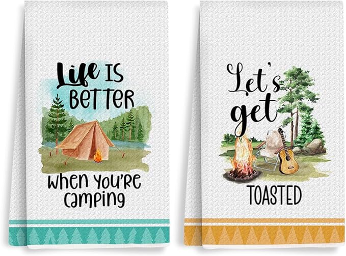 Camping Kitchen Towels Sets of 2 Watercolor Style Dish Towels Camper Absorbent Hand Towels Kit RV Kitchen Essentials 24 x 14 Inches for Cool Camping Gifts Accessories for RV Campers