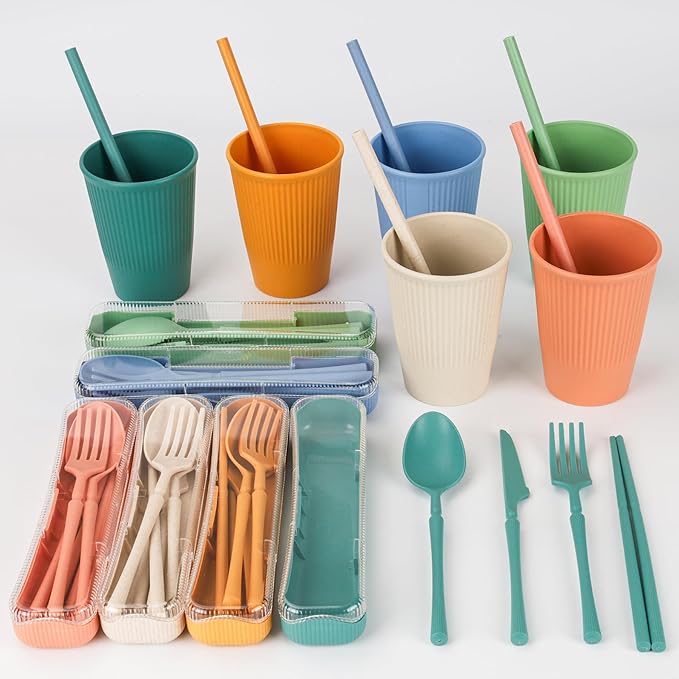 66pcs Unbreakable Tableware Sets for 6 People, Plastic Plates and Bowls Set,Lightweight Plastic Reusable Plates, Bowls, Cups,Cutlery Set, Straw, Forks,Children Dinnerware Set
