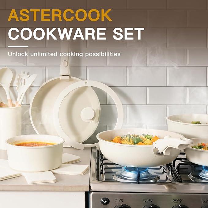 Astercook 21 Pcs Pots and Pans Set Non Stick, Ceramic Cookware Set Detachable Handle, RV Kitchen Cooking Set Removable Handles, Oven Safe, Induction Ready, Stackable, Cream White, Mothers Day Gifts