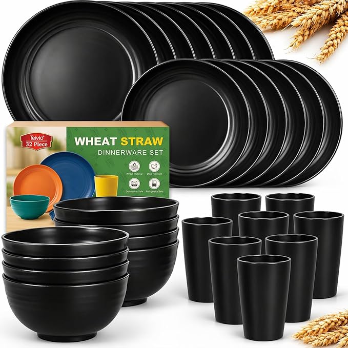Teivio 32-Piece Kitchen Plastic Wheat Straw Dinnerware Set, Service for 8, Unbreakable Modern Dish Set - Dinner Plate/Dessert Plate/Cereal Bowl/Cup, for Apartment Essentials, Outdoor Camping, Black