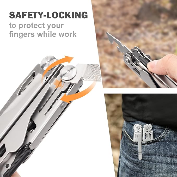 PERWIN Multitool Stainless Steel Multi-Tool Pliers 22-in-1 with Safety Locking, Pocket Knife, Bottle Opener, EDC Equipment With Pocket Clip for Survival, Camping, Hunting and Hiking.