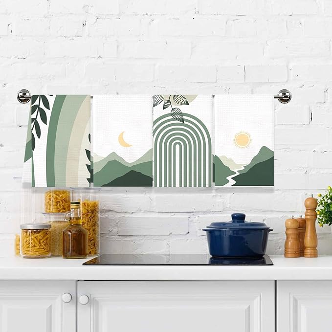 Boho Kitchen Towels Set of 4, Boho Bohemian Sun Moon Kitchen Towels Decorative Set, Bohemian Green Hand Tea Towels for Bathroom Decor, 16x24inch