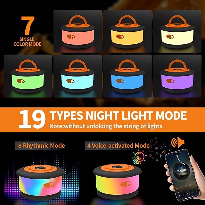 TOHETO Camping String Lights, 3 in 1 Upgraded Retractable RGB Outdoor String Lights with 19 Lighting Modes,Quick 30s Recovery, 32.8 FT Portable Tent Lights, Rechargeable Camping Lantern (Black&Orange)