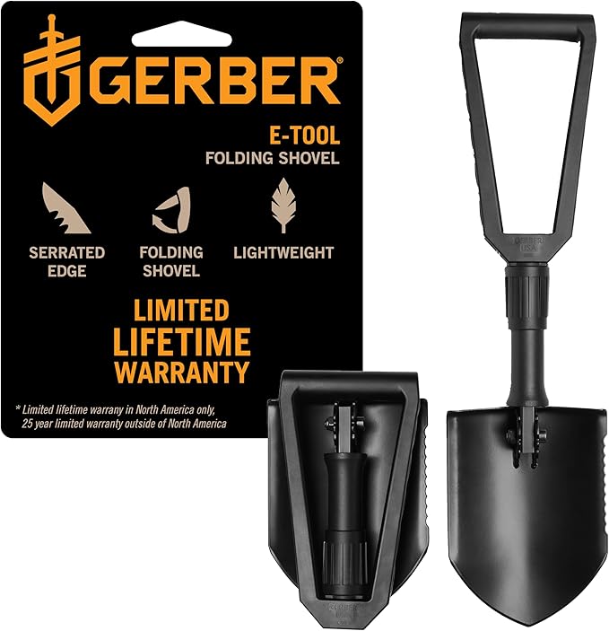 Gerber Gear Military Style Tactical Folding Spade E-Tool, Heavy-Duty All Purpose Camping and Emergency Car Shovel with Serrated Edge, Compact Survival Gear, Black