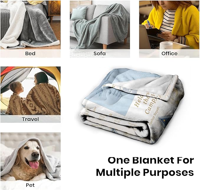 Camping Blanket Gifts 60×50 in Lightweight Packable Warm Throw, Campfire Theme Tent & Pines Design, Cozy Outdoor Travel RV/Trailer Cabin Decor, Gifts for Campers