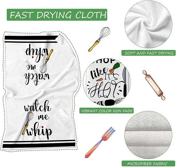 Funny Kitchen Towels and Dishcloths Sets of 4 Kitchen Towels with Sayings Egg Beater Rolling Pin Absorbent Drying Tea Dish Towel for Cooking Baking Home Decorations,18 x 28 Inch