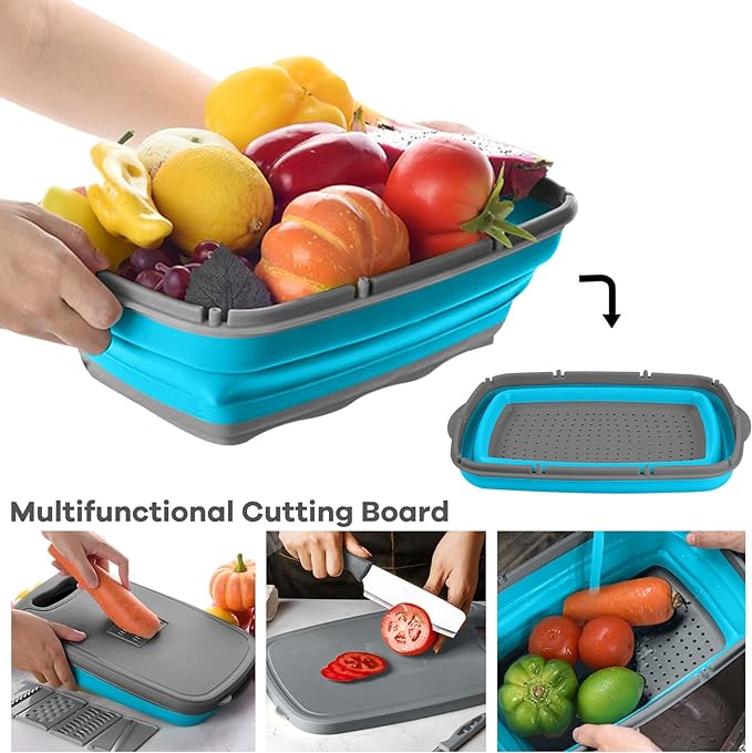Camping Cutting Board, HI NINGER Collapsible Chopping Board with Colander, 9-In-1 Multi Chopping Board Kitchen Vegetable Washing Basket for Camper,Camping Gifts Camping Accessories for RV Campers