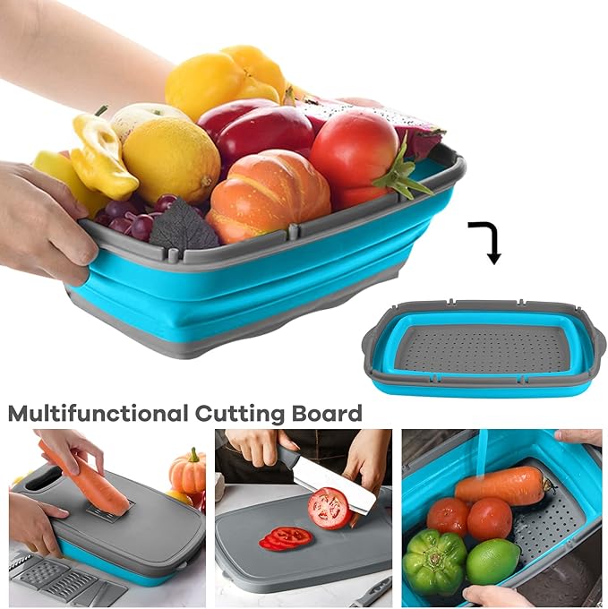 Gintan Collapsible Camping Cutting Board, 9-in-1 Chopping Board with Colander, Kitchen Vegetable Washing Basket for Camping, Camping Gifts Camping Accessories for RV Campers (Blue+Grey)