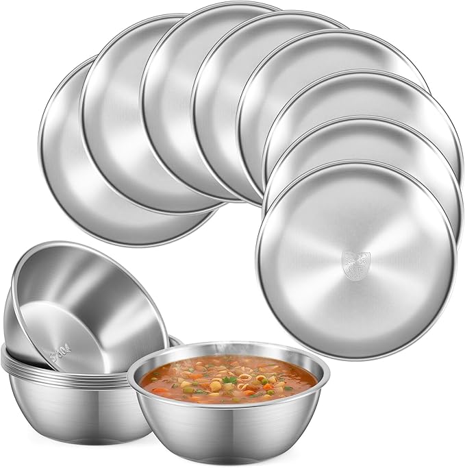 304 Stainless Steel Plates and Bowls Sets for 8, 16 Pieces 9 Inch Metal Camping Plates and Bowls Sets for Picnic, Travel, Reusable Double Insulated Dinnerware for Adult Girls Boys (Silver)