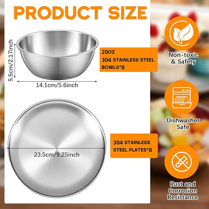 304 Stainless Steel Plates and Bowls Sets for 8, 16 Pieces 9 Inch Metal Camping Plates and Bowls Sets for Picnic, Travel, Reusable Double Insulated Dinnerware for Adult Girls Boys (Silver)