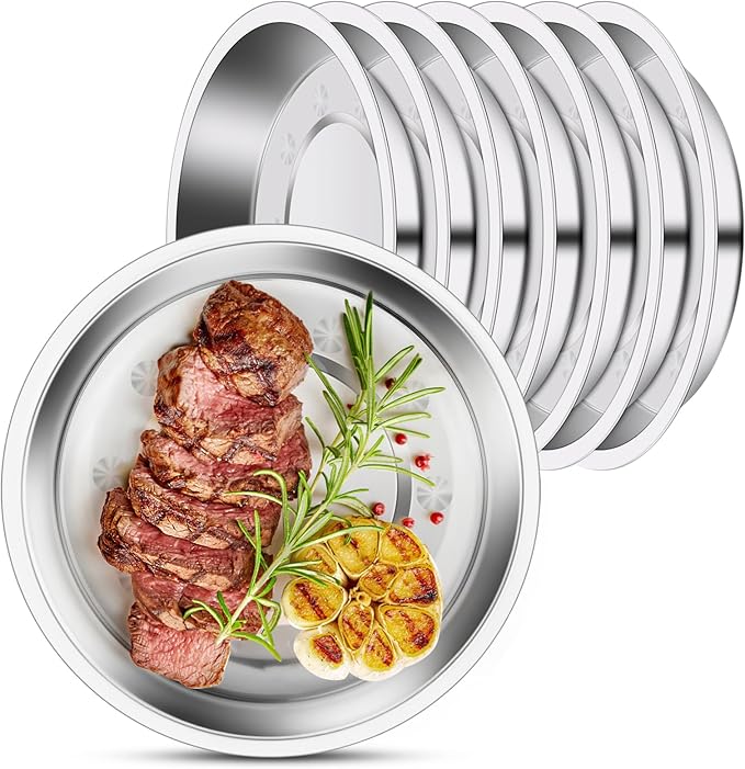 8 Patterned Deep Stainless Steel Plates, 7.8 inch 201 Metal Camping Plate, Reusable Food Serving Dish Snack Eating Dishes Round Shatterproof Silver BBQ Dinner Dinnerware Oven Dishwasher Safe