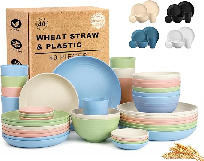 Plates and Bowls Sets 40 Piece, Wheat Straw Dinnerware Sets for 8, Dishes Set for 8, Unbreakable Cups and Plates Sets for Kitchen, Microwave Safe Plates, RV and Camper Essentials - Colorful