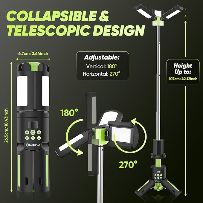 SakerPlus Portable Camping Lights with Stand, 5000LM Rechargeable LED Flashlight, 9 Color Modes, Collapsible Camping Lantern Tent Light with Magnetic Base for Power Outages, Camping & Emergency(Green)