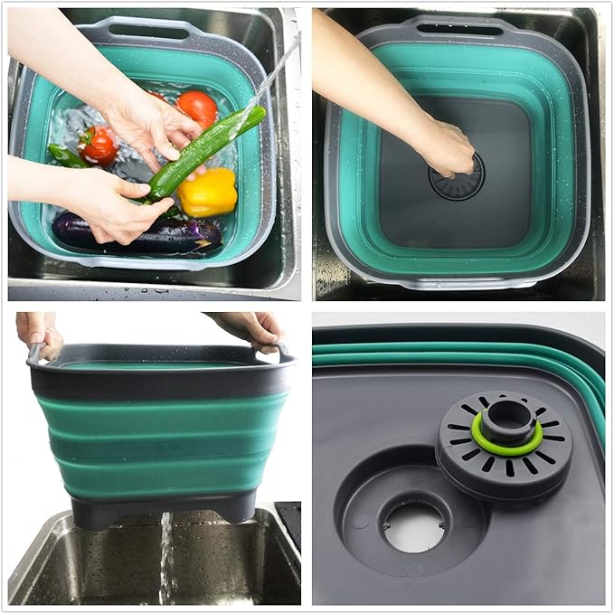 SAMMART 10L (2.64 Gallon) Collapsible Dishpan with Draining Plug - Foldable Washing Basin - Portable Dish Washing Tub - Space Saving Kitchen Storage Tray (1, Grey/Turquoise Blue)