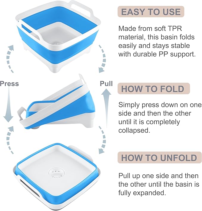2.4 Gal(9L) Collapsible Dish Basin with Drain Plug, Space Saving Outdoor Multiuse Foldable Sink Tub, Dishpan, Kitchen Storage Tray for Camping, Vegetable Washing, RV (Blue)